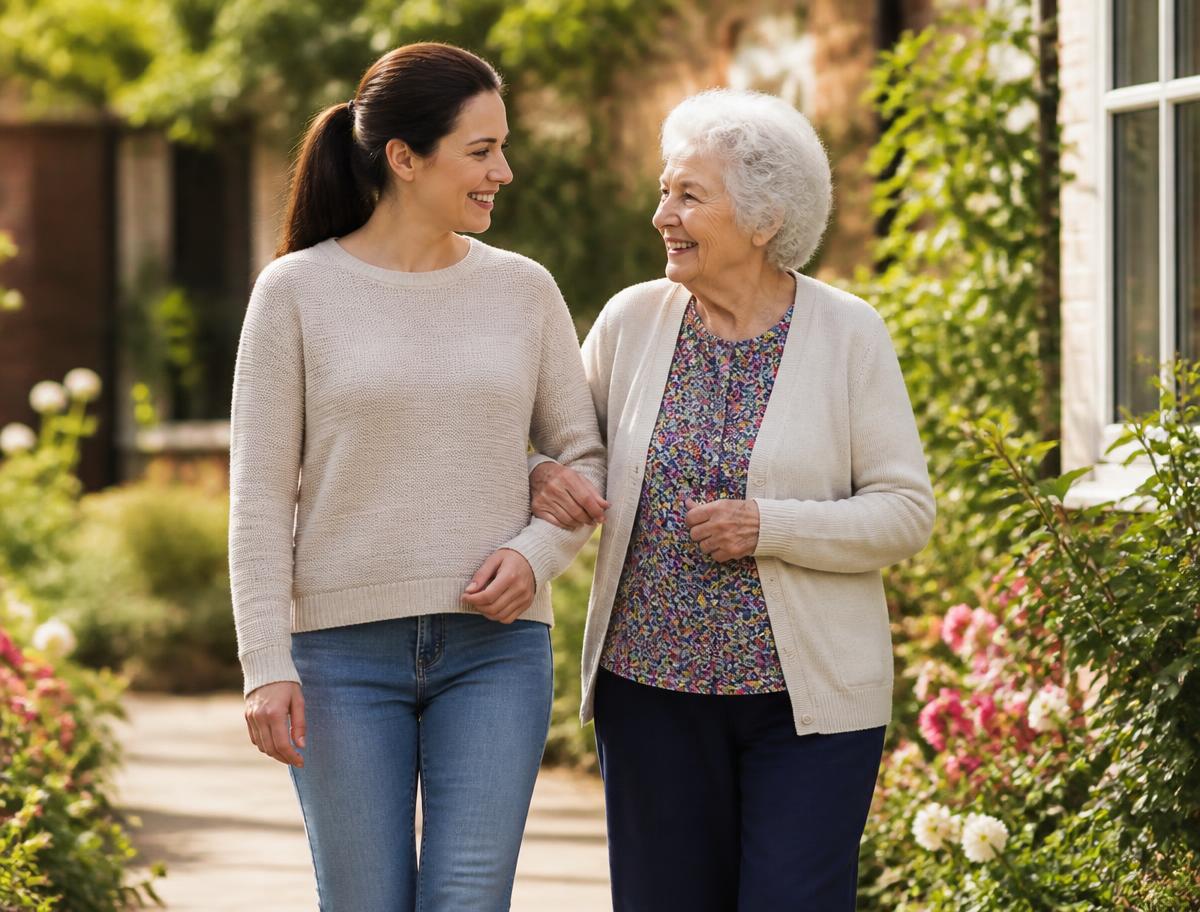 Betreuungskraft in Alltagskleidung begleitet eine Seniorin beim Spaziergang im Garten